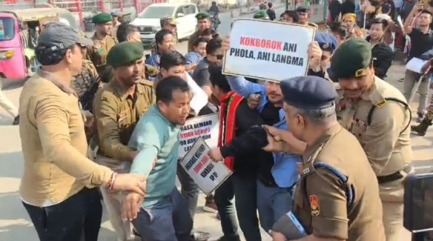 ককবরক দিবসের রেলিকে কেন্দ্র করে বিক্ষোভ প্রদর্শন রোমান ক্রিপ্টের দাবিতে